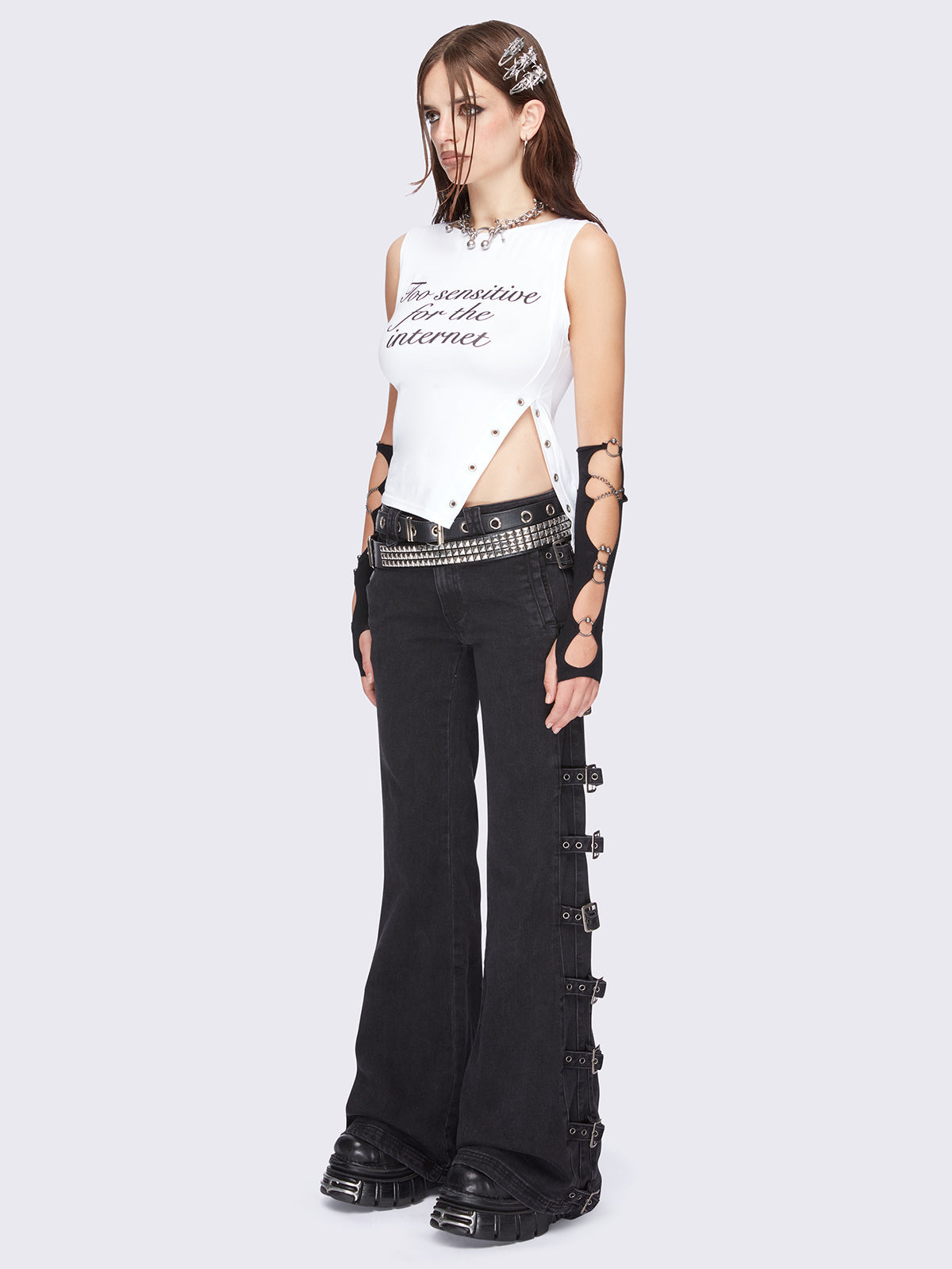 White slit neck top with side split and " too sensitive for the internet" graphic front print.