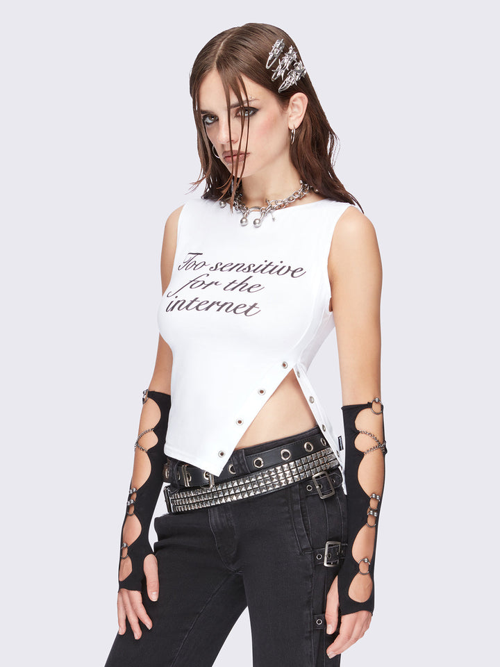 トップス CLANE ANGOLA BACK OPEN TOPS White Slit Neck Graphic Top with Side Split | Minga London – Minga