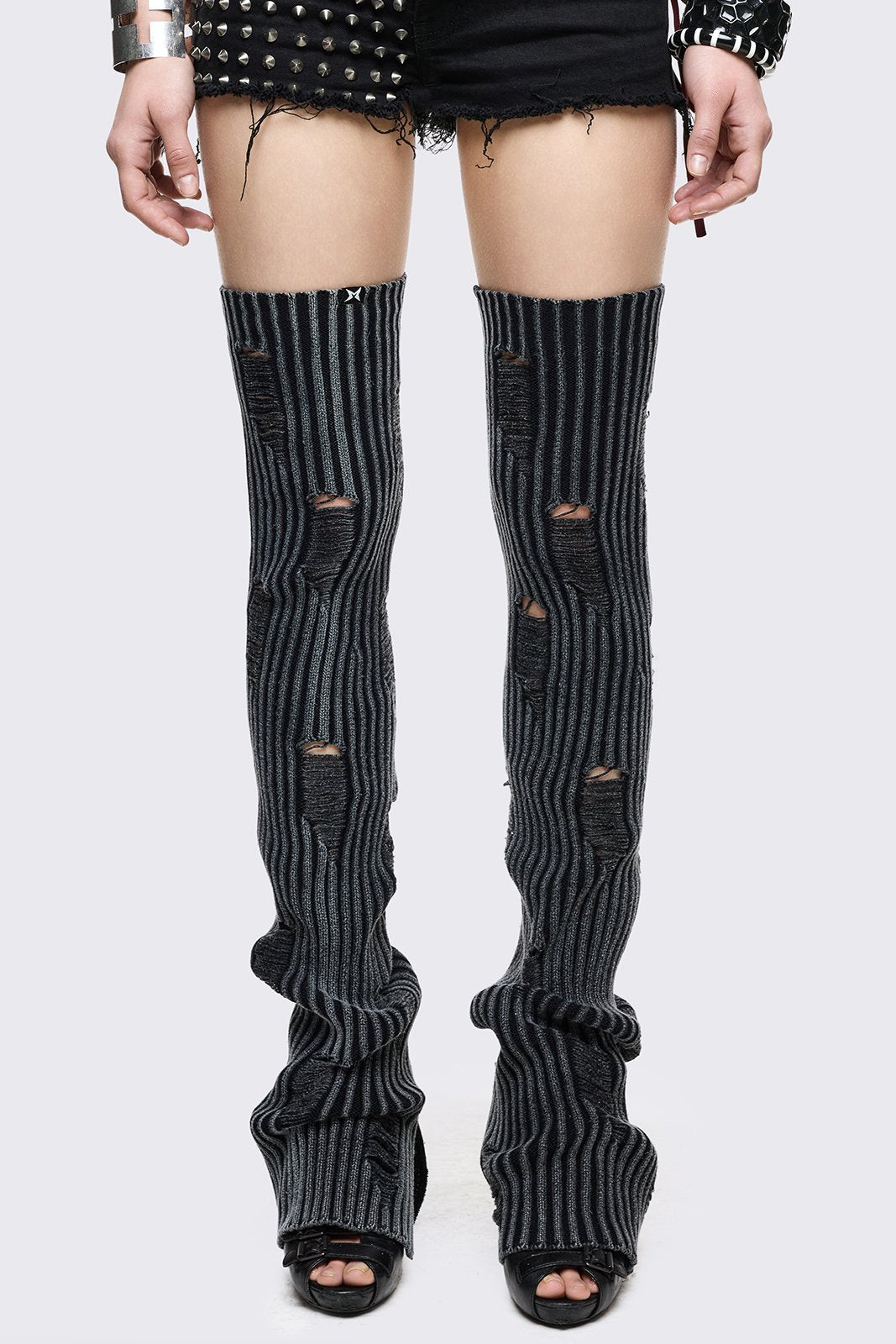 Marl grey cotton leg warmers with rib-knit texture, shredded distressed details and flared thigh-high fit in grunge style.