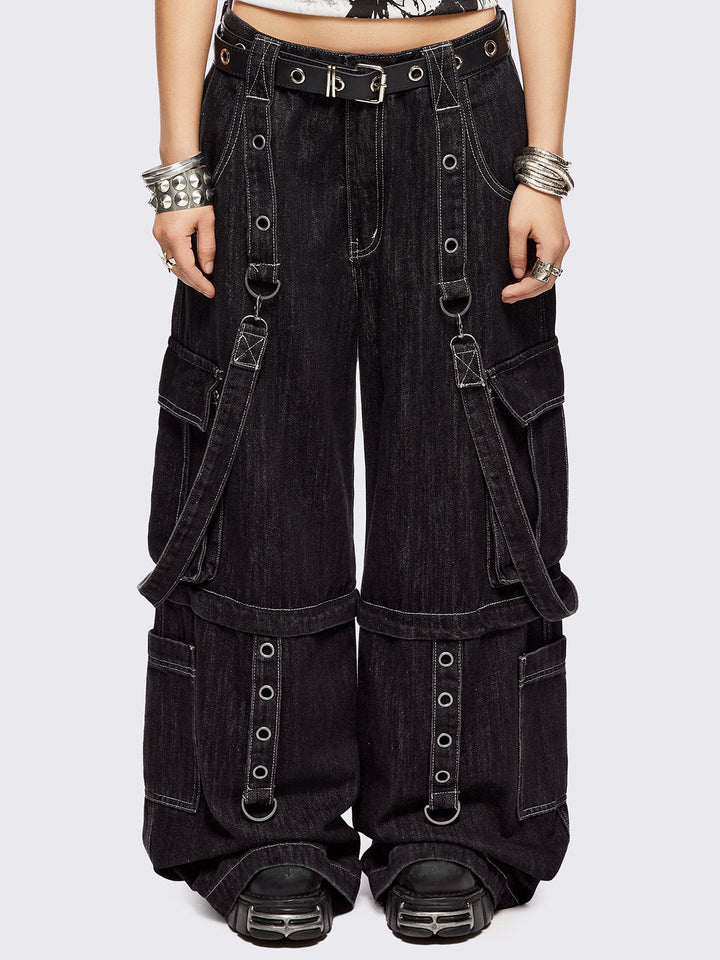 Y2K Black Multi-Pocket Wide Leg Cargo Jeans with D-Ring