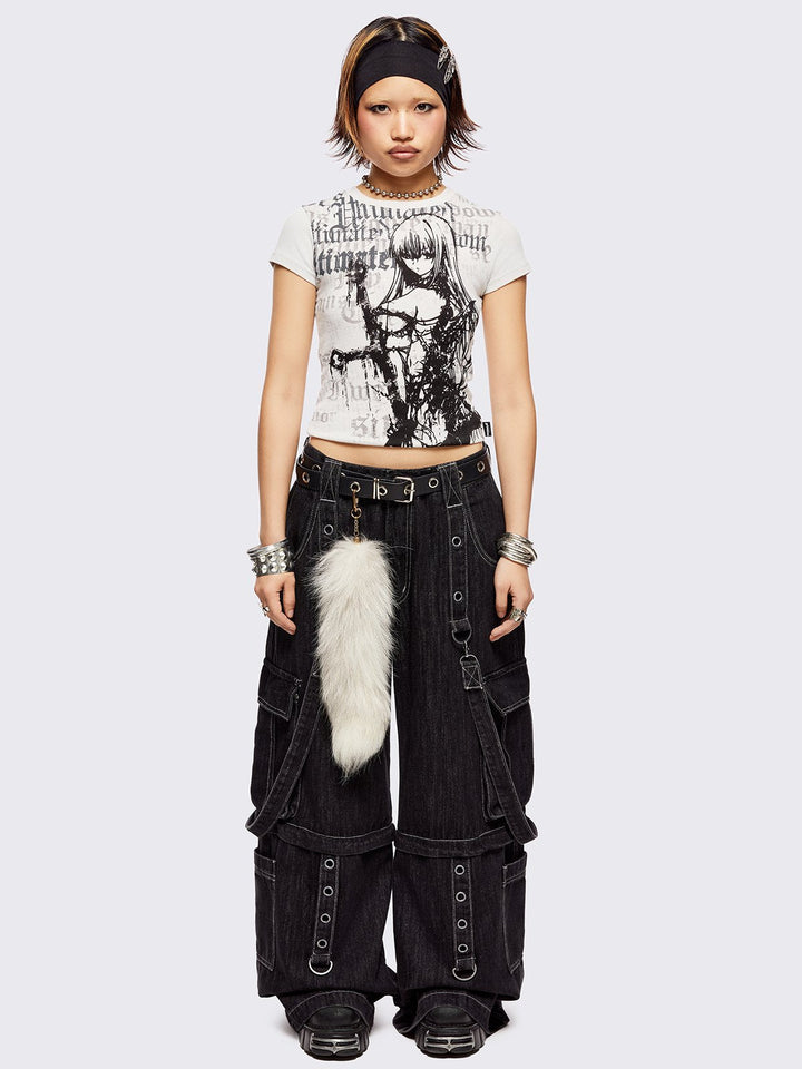 Y2K Black Multi-Pocket Wide Leg Cargo Jeans with D-Ring Straps