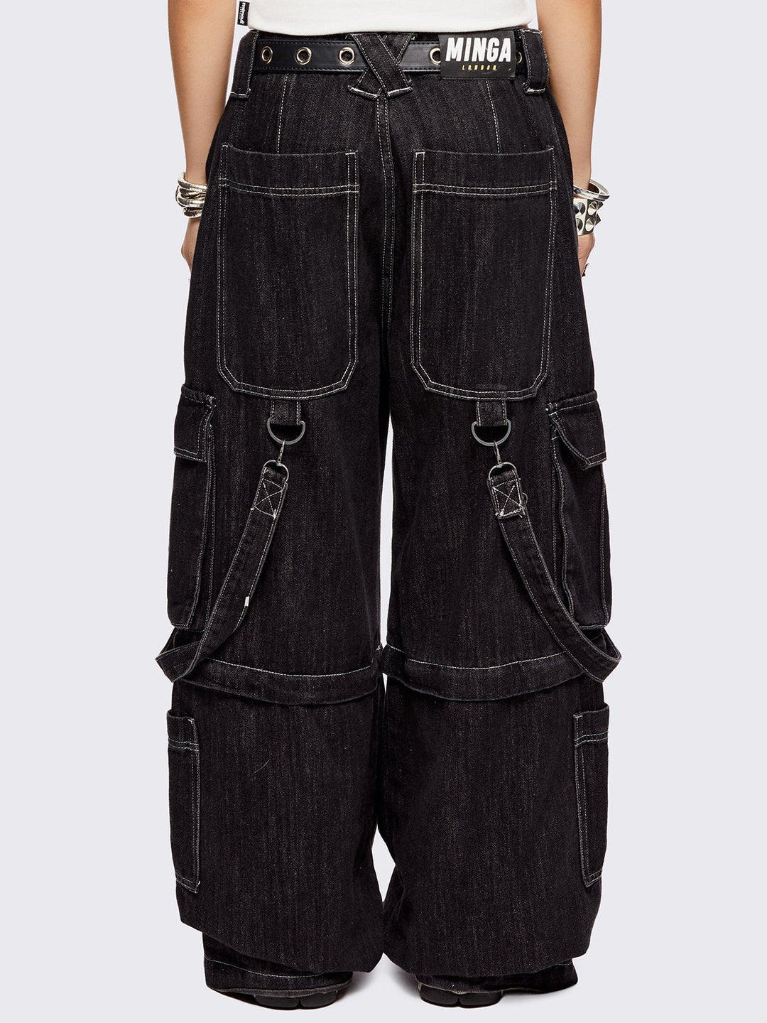 Y2K Black Multi-Pocket Wide Leg Cargo Jeans with D-Ring