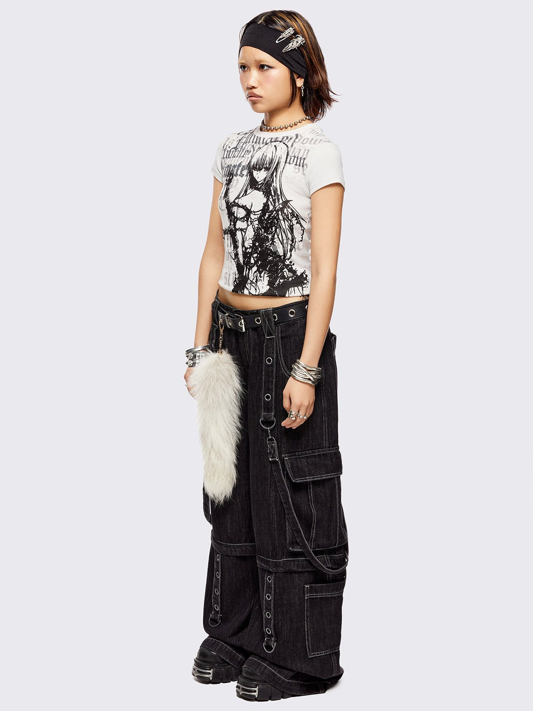 Y2K Black Multi-Pocket Wide Leg Cargo Jeans with D-Ring Straps