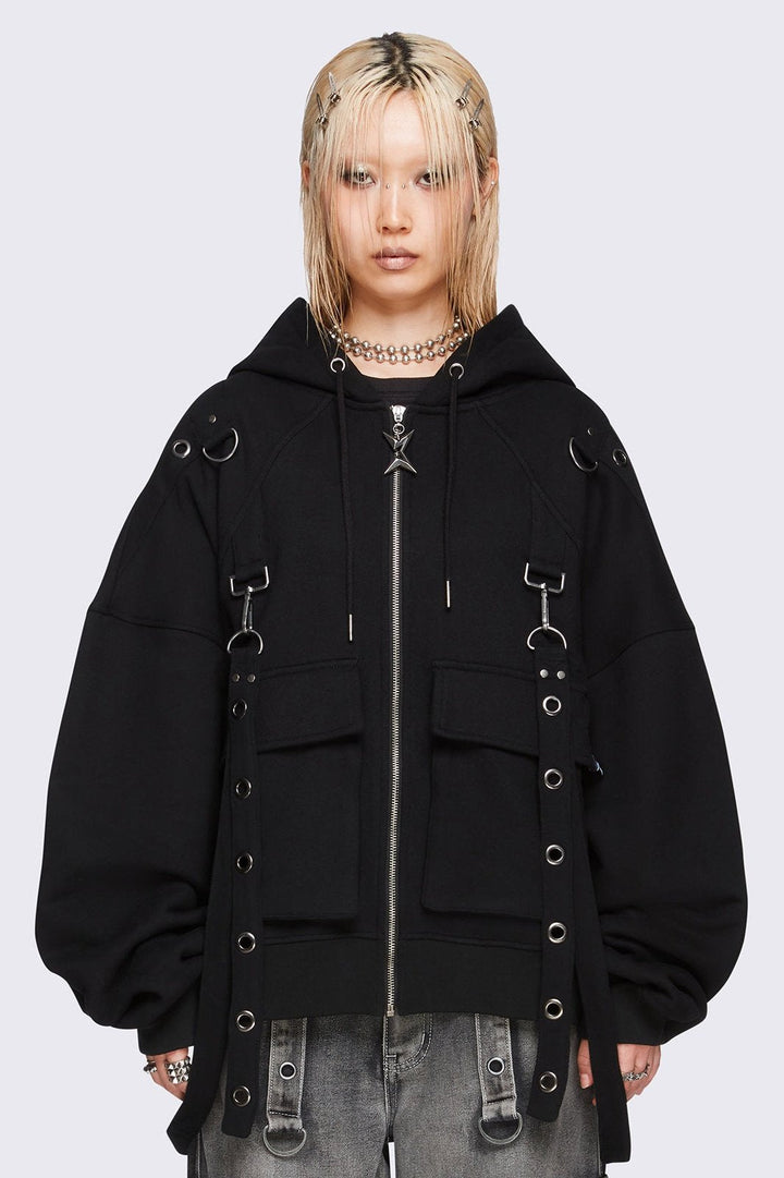 Black Oversized Zip-Up Hoodie with Straps & Metal Details | Minga