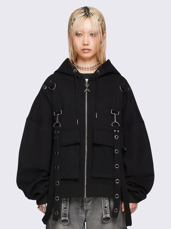 Black Oversized Zip-Up Hoodie with Straps & Metal Details