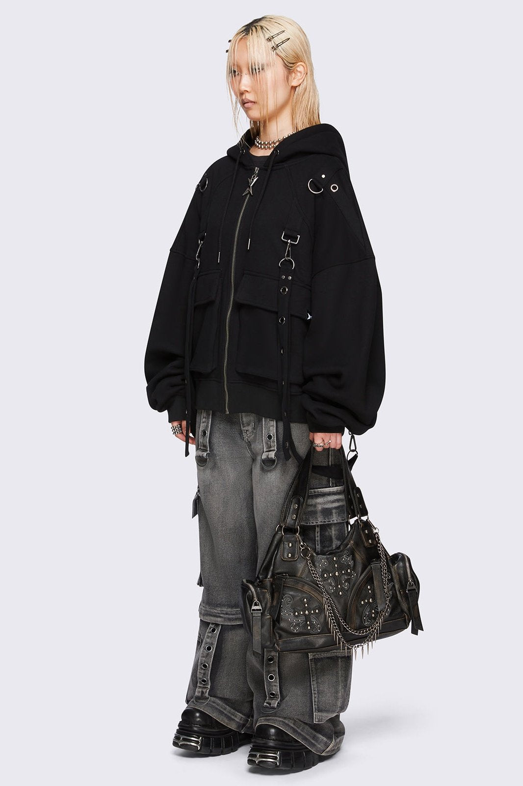 Black Oversized Zip-Up Hoodie with Straps & Metal Details | Minga