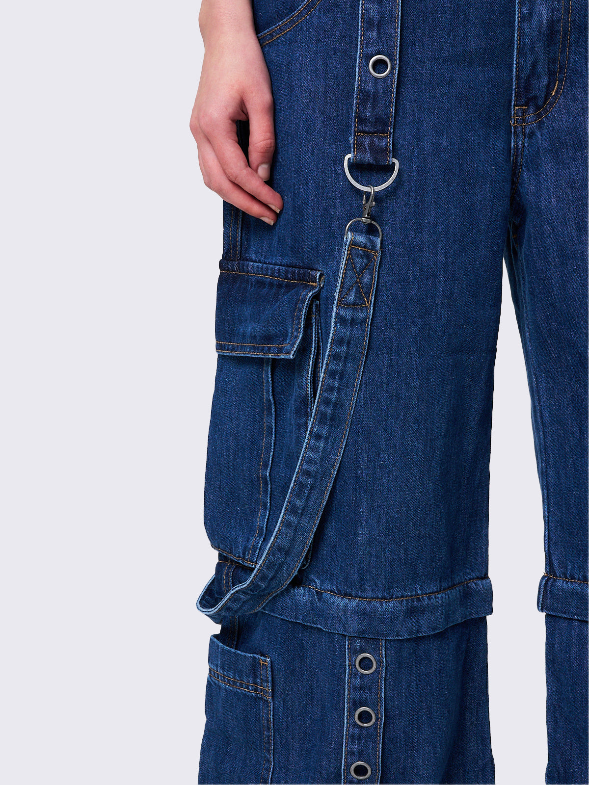 Multi Pocket Wide Leg Cargo Jeans in Blue with Straps and Detachable Legs