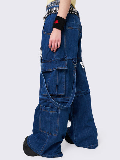 Multi Pocket Wide Leg Cargo Jeans in Blue with Straps and Detachable Legs