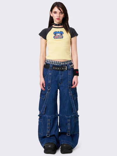 Multi Pocket Wide Leg Cargo Jeans in Blue with Straps and Detachable Legs