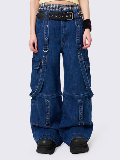 Multi Pocket Wide Leg Cargo Jeans in Bluewith Straps and Detachable Legs 