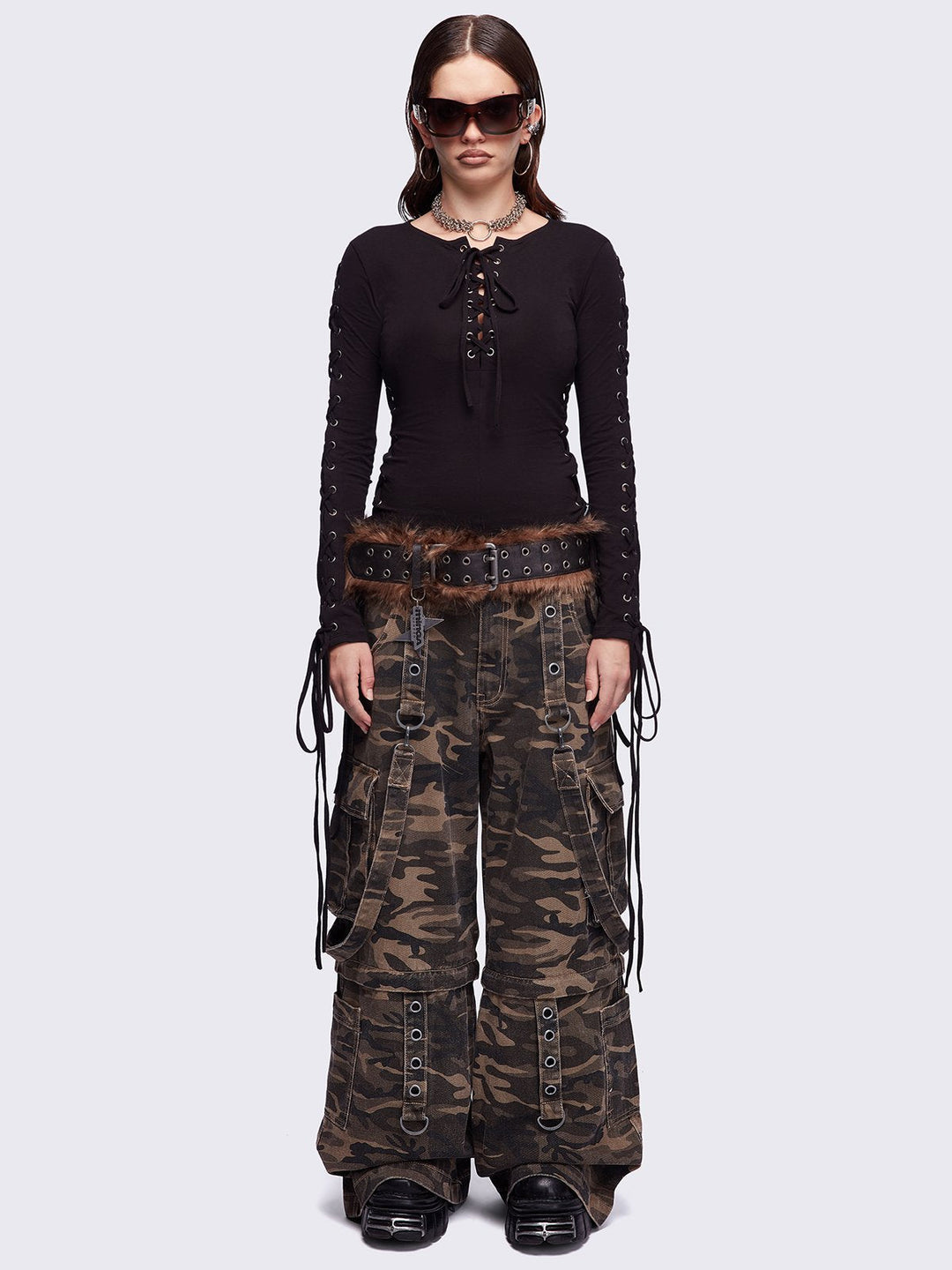 Camo Multi Pocket Wide Leg Cargo Jeans with Straps and Detachable