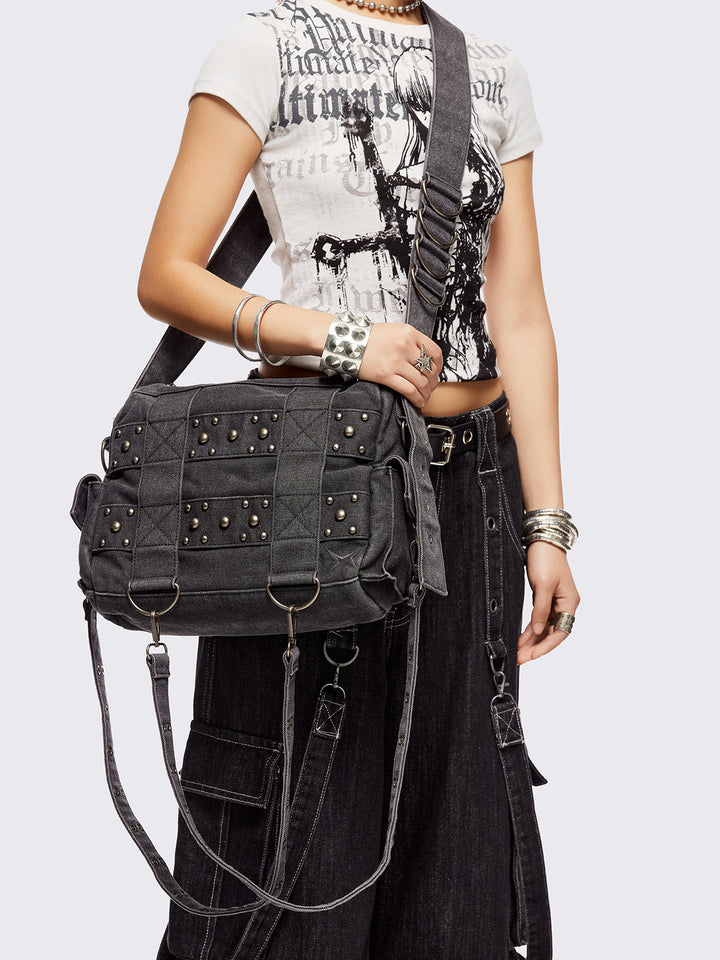 Grey Washed Denim Crossbody Bag with Straps & Stud Details