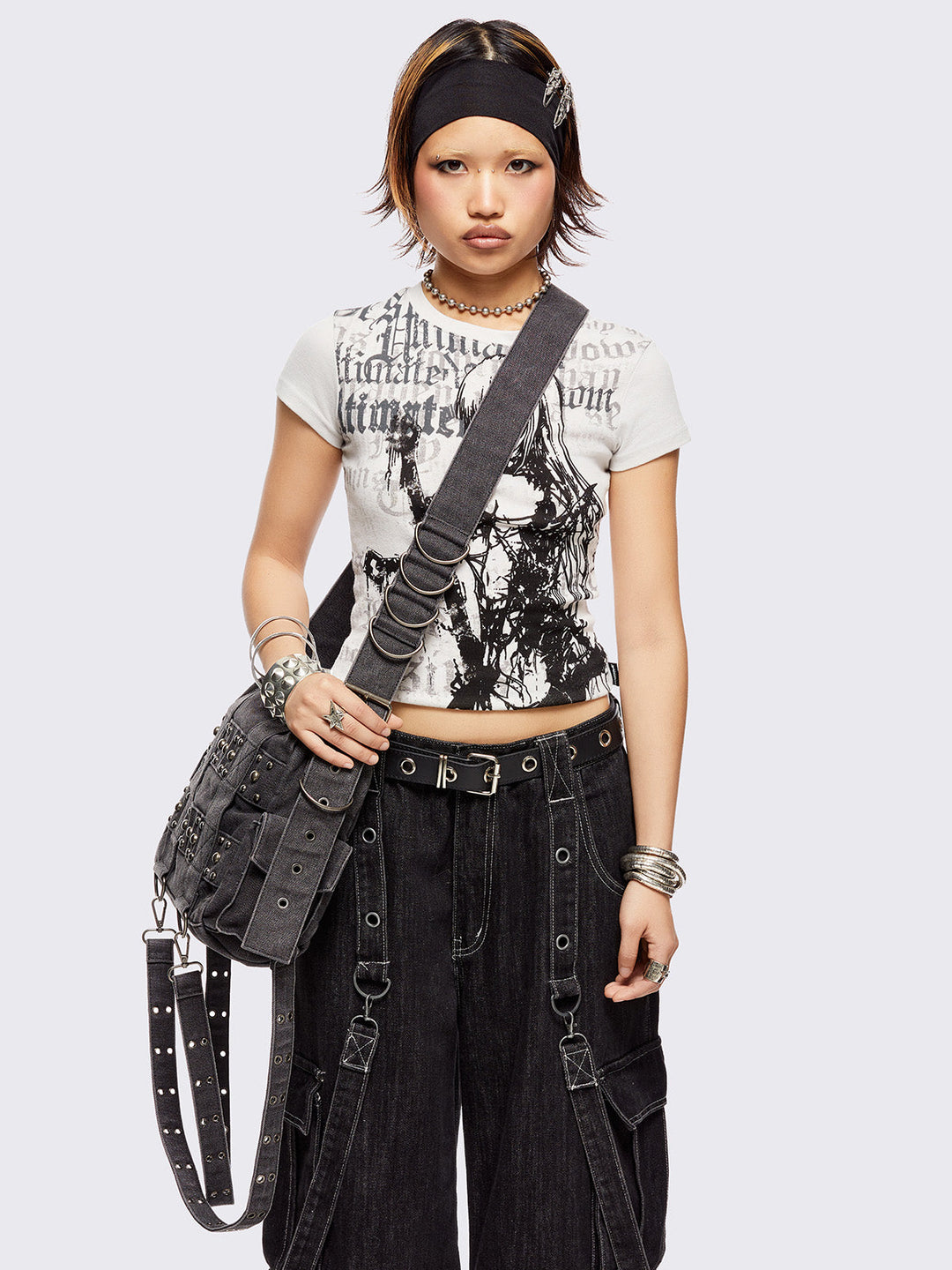 Grey Washed Denim Crossbody Bag with Straps & Stud Details Grey Washed Denim Crossbody Bag with Straps & Stud Details