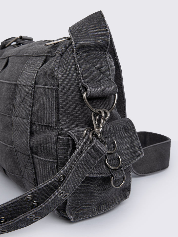 Grey Washed Denim Crossbody Bag with Straps & Stud Details