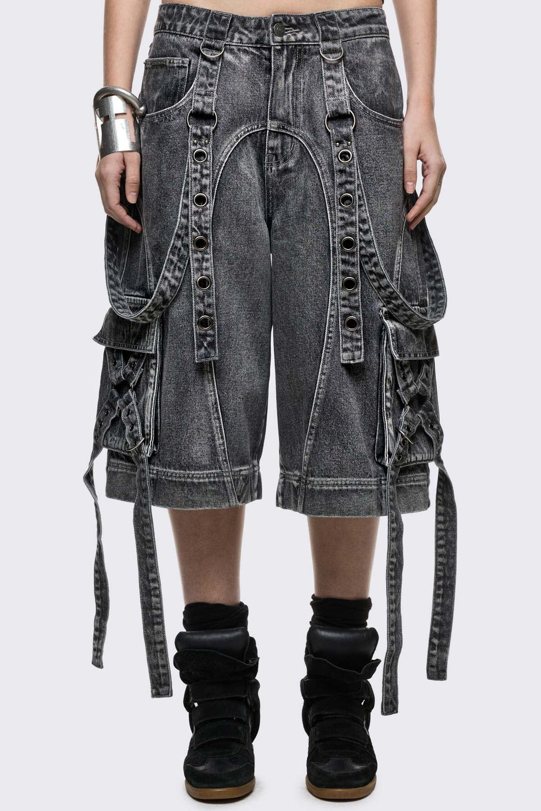 Grey Cargo Jorts With Strap Detail | Minga London