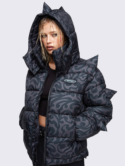 Hooded puffer jacket in grey with tribal print all over in black and 3D spikes