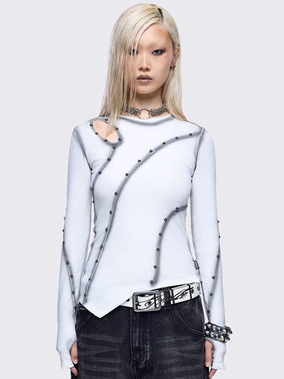 Off-white asymmetric top featuring cut out, contrast seam and stud details and thumbhole cuffs.
