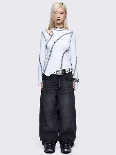 Off-white asymmetric top featuring cut out, contrast seam and stud details and thumbhole cuffs.