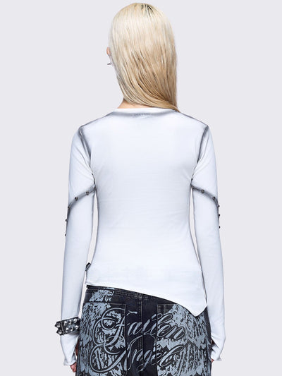 Off-white asymmetric top featuring cut out, contrast seam and stud details and thumbhole cuffs.