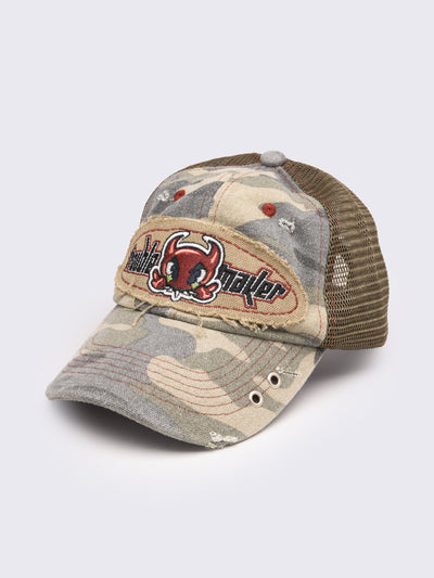 Camo Distressed Fishnet Back Trucker Cap