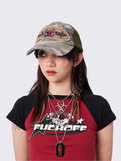 Camo Distressed Fishnet Back Trucker Cap