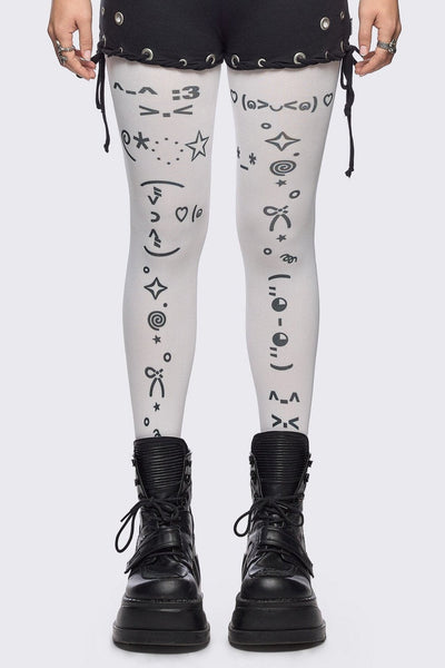 Kaomoji ASCII Graphic Opaque Tights in White | Minga London