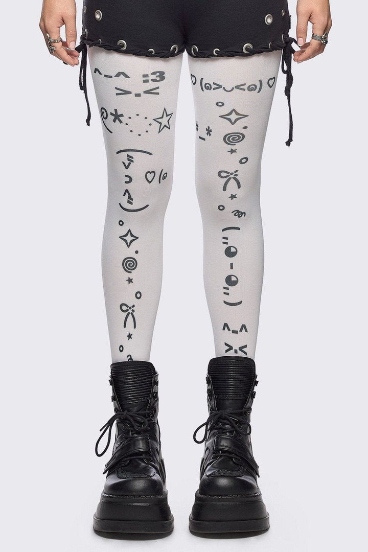 Kaomoji ASCII Graphic Opaque Tights in White | Minga London