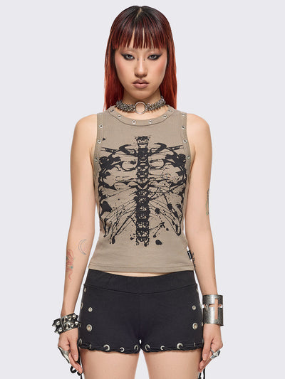 Stone tank top with black skeleton graphic front print and eyelet trim details.