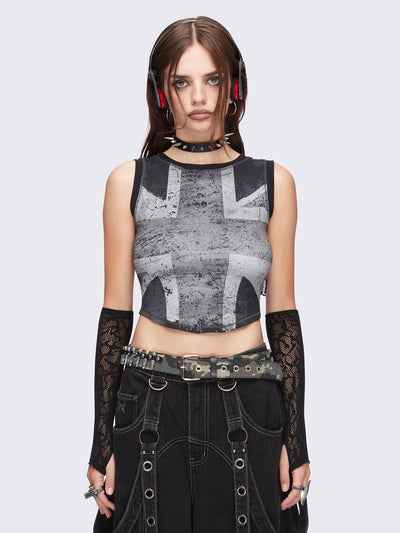 Union jack tank top in black and grey featuring a cropped length.