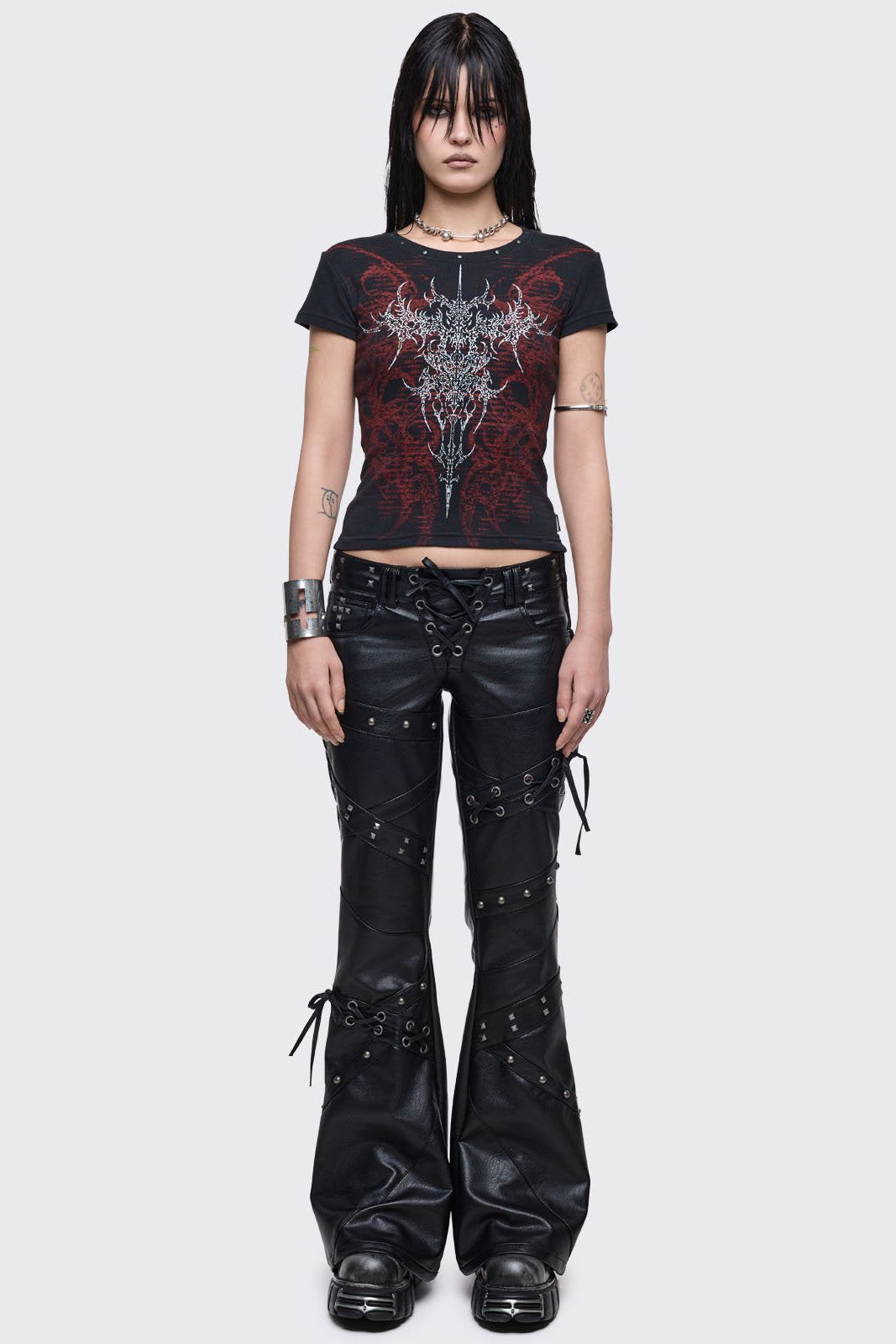 Vegan Leather Flared Pants with Studs and Lace-Up | Minga London