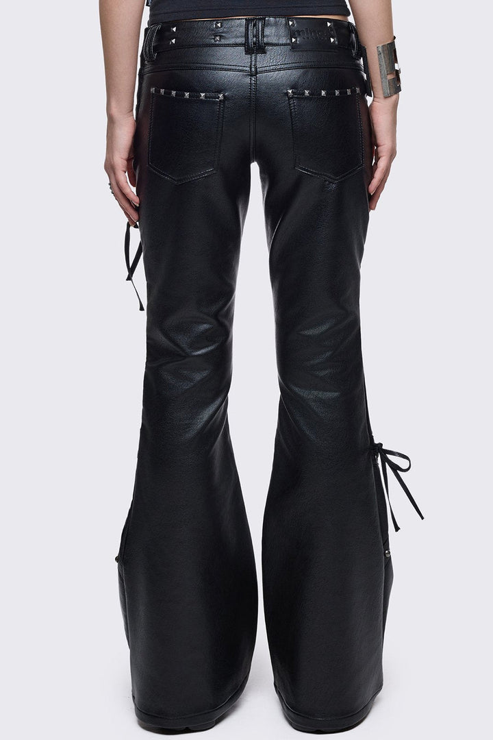 Vegan Leather Flared Pants with Studs and Lace-Up | Minga London