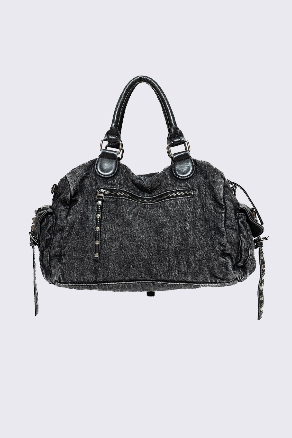 Black Denim Shoulder Bag with Studs | Minga London