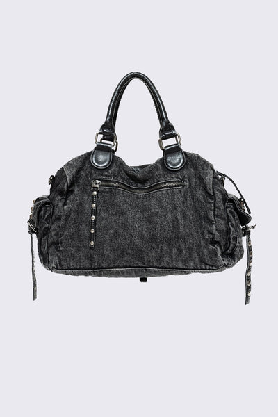 Black Denim Shoulder Bag with Studs | Minga London