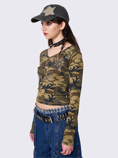 Camo V-Neck Long Sleeve Top with Eyelet Details