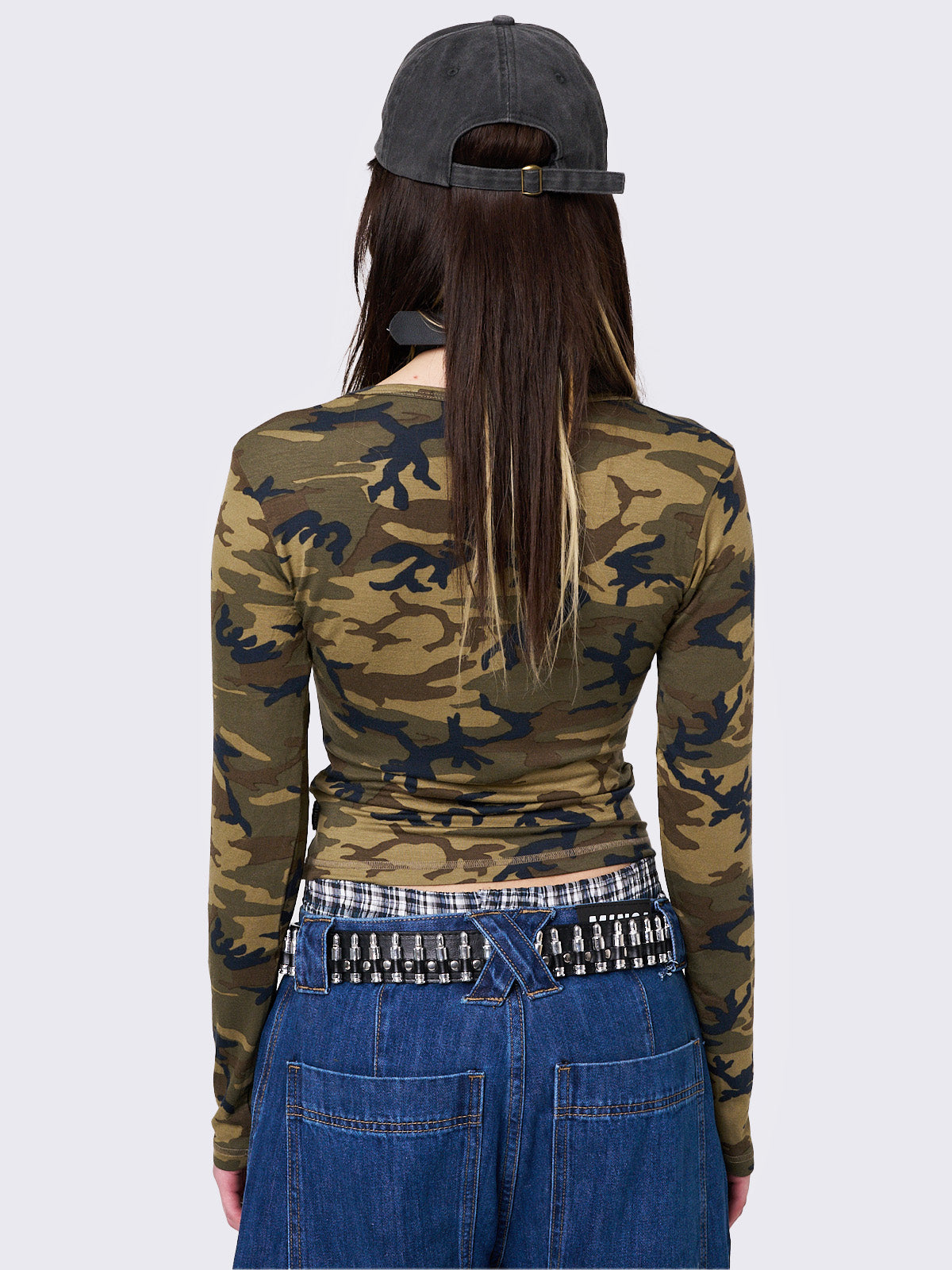 Camo V-Neck Long Sleeve Top with Eyelet Details