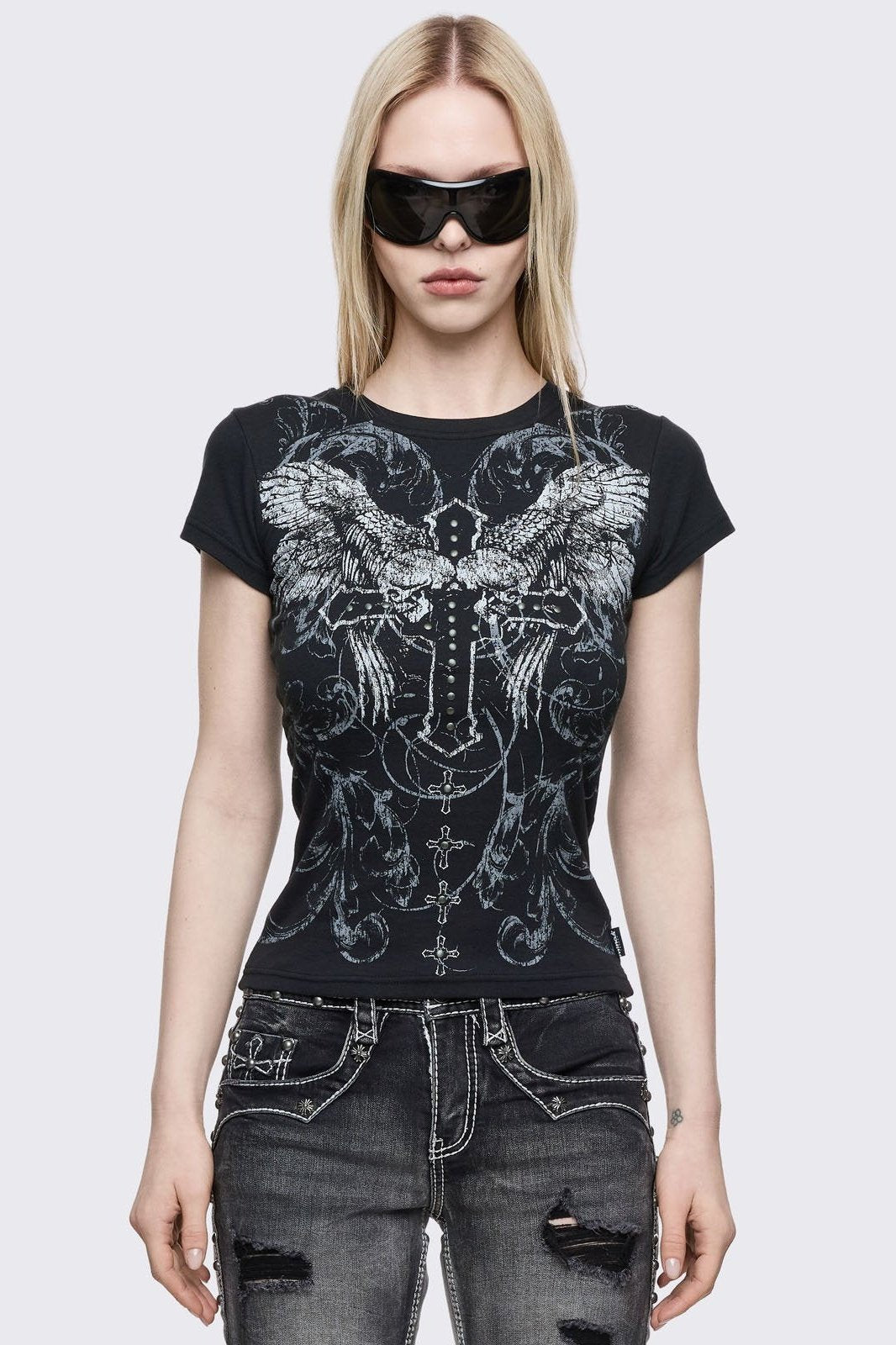 Black graphic baby tee with winged cross graphic front print