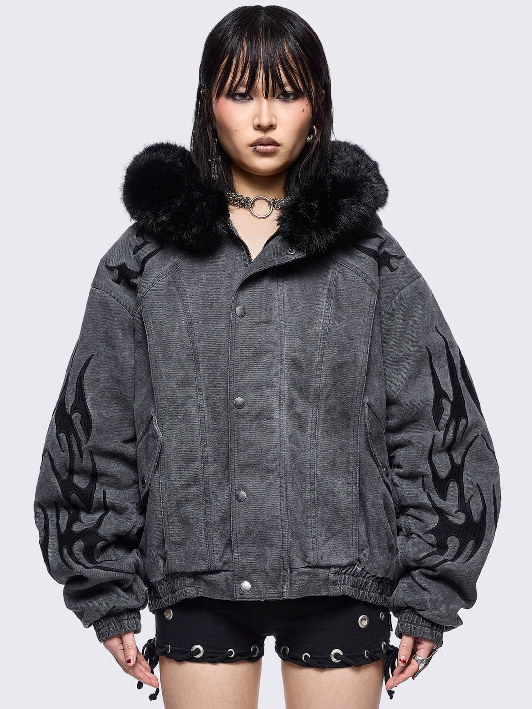 Grey Denim Jacket with Faux Fur Hood and Sigil Patches | Minga