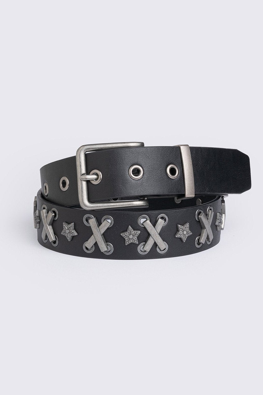 Black vegan leather belt with hardware and star details