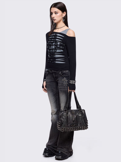 Black faux leather shoulder bag featuring stud and metal hardware details.