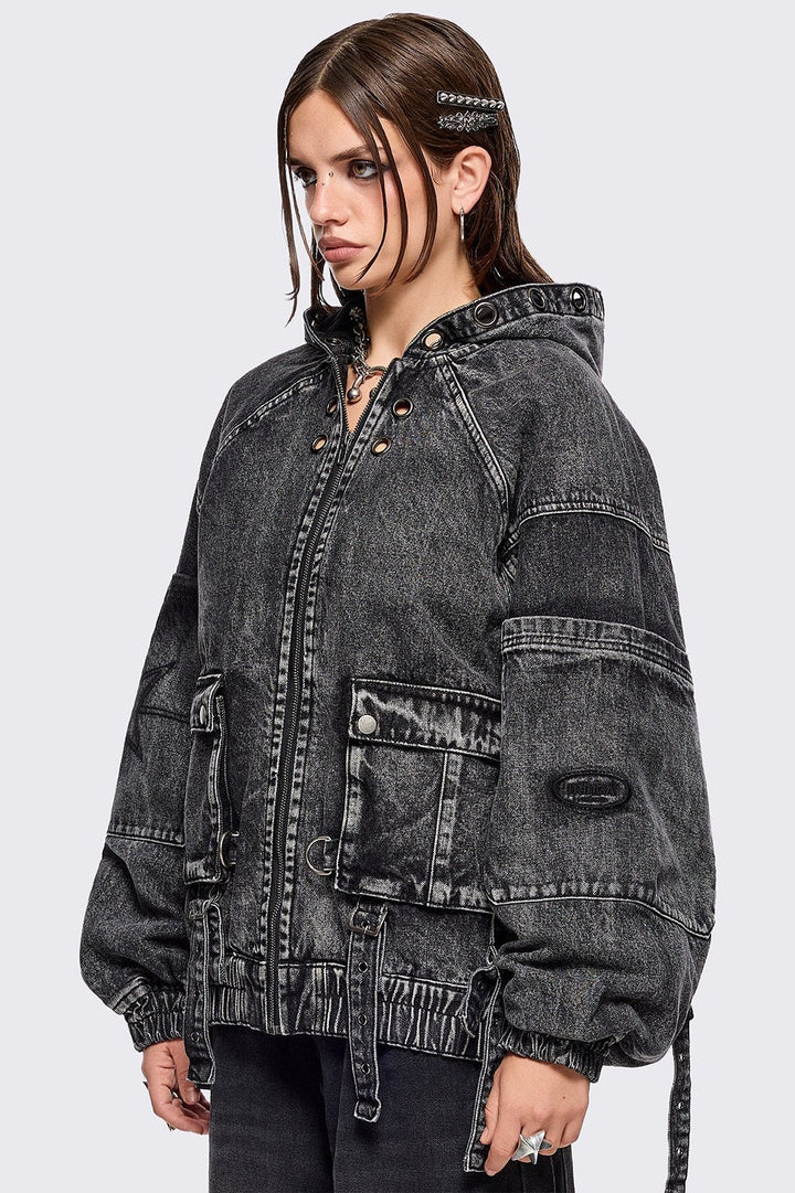 Denim Hood Bomber Jacket in Acid Black Wash | Minga London