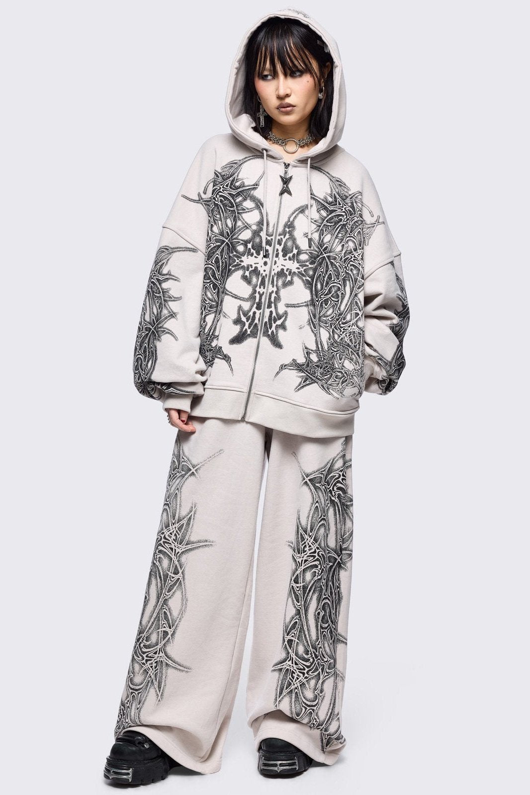 Oversized Cyber Sigilism Zip Up Hoodie in Grey | Minga London