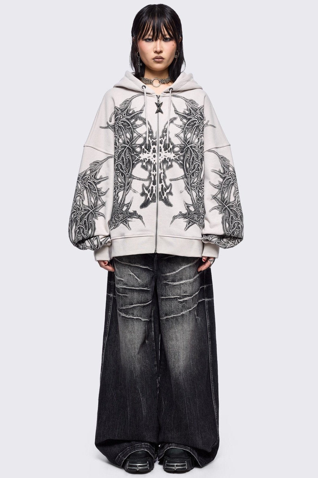 Oversized Cyber Sigilism Zip Up Hoodie in Grey | Minga London