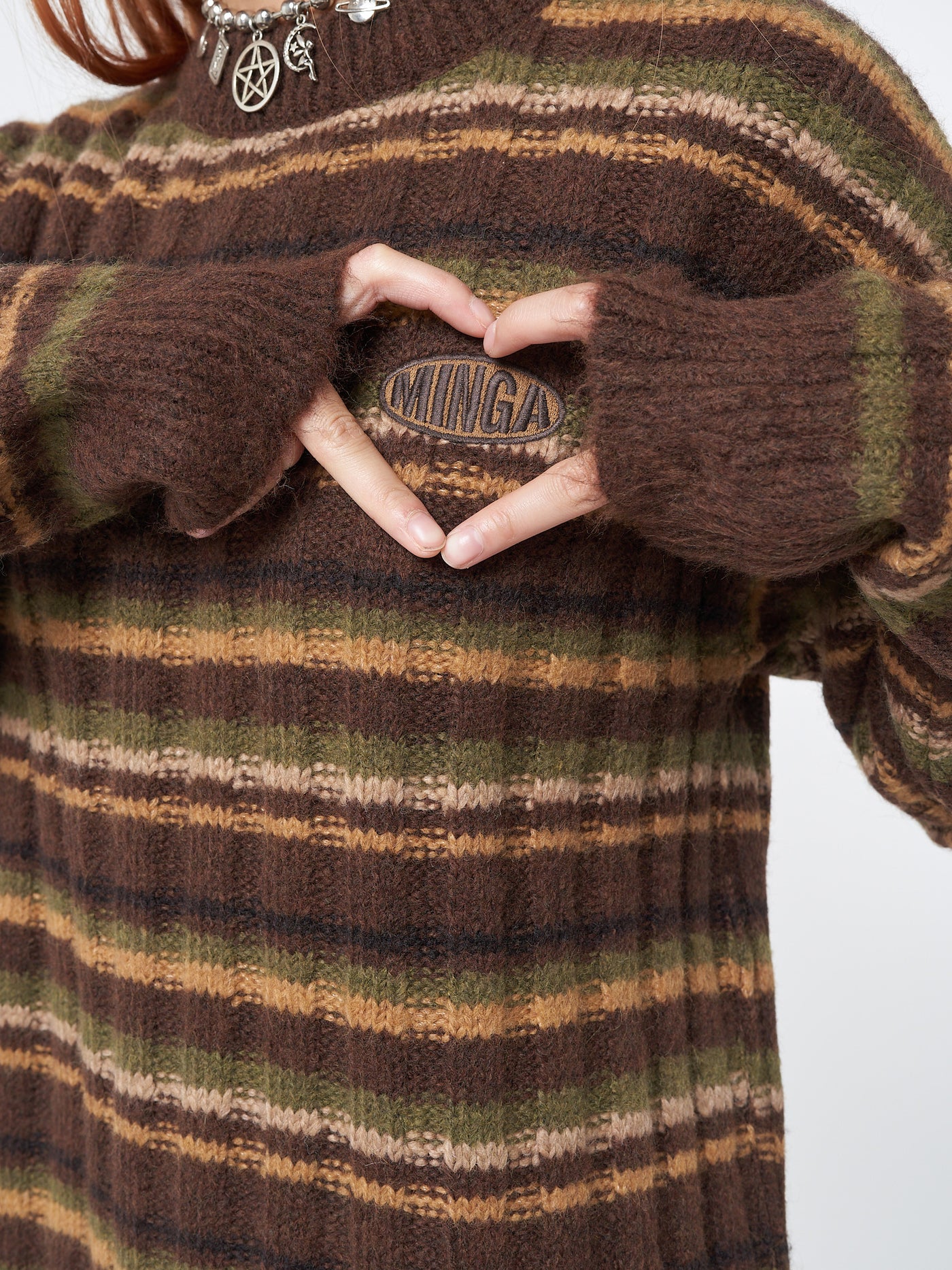 Chunky striped knit jumper with brown, green and honey stripes