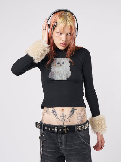 Kitty Faux Fur Cuffs High Neck Top