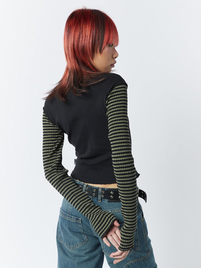 Lost Star Green Black Striped Long Sleeve Top