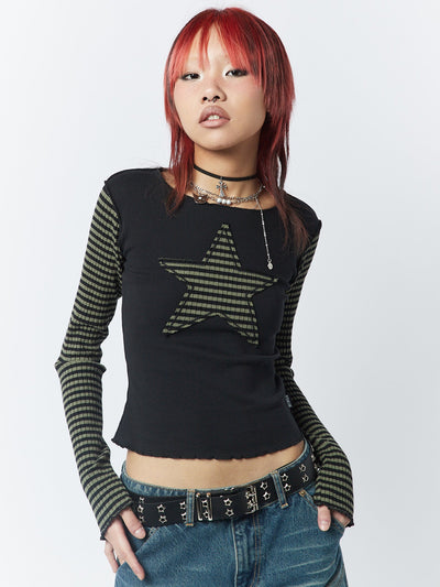 Lost Star Green Black Striped Long Sleeve Top