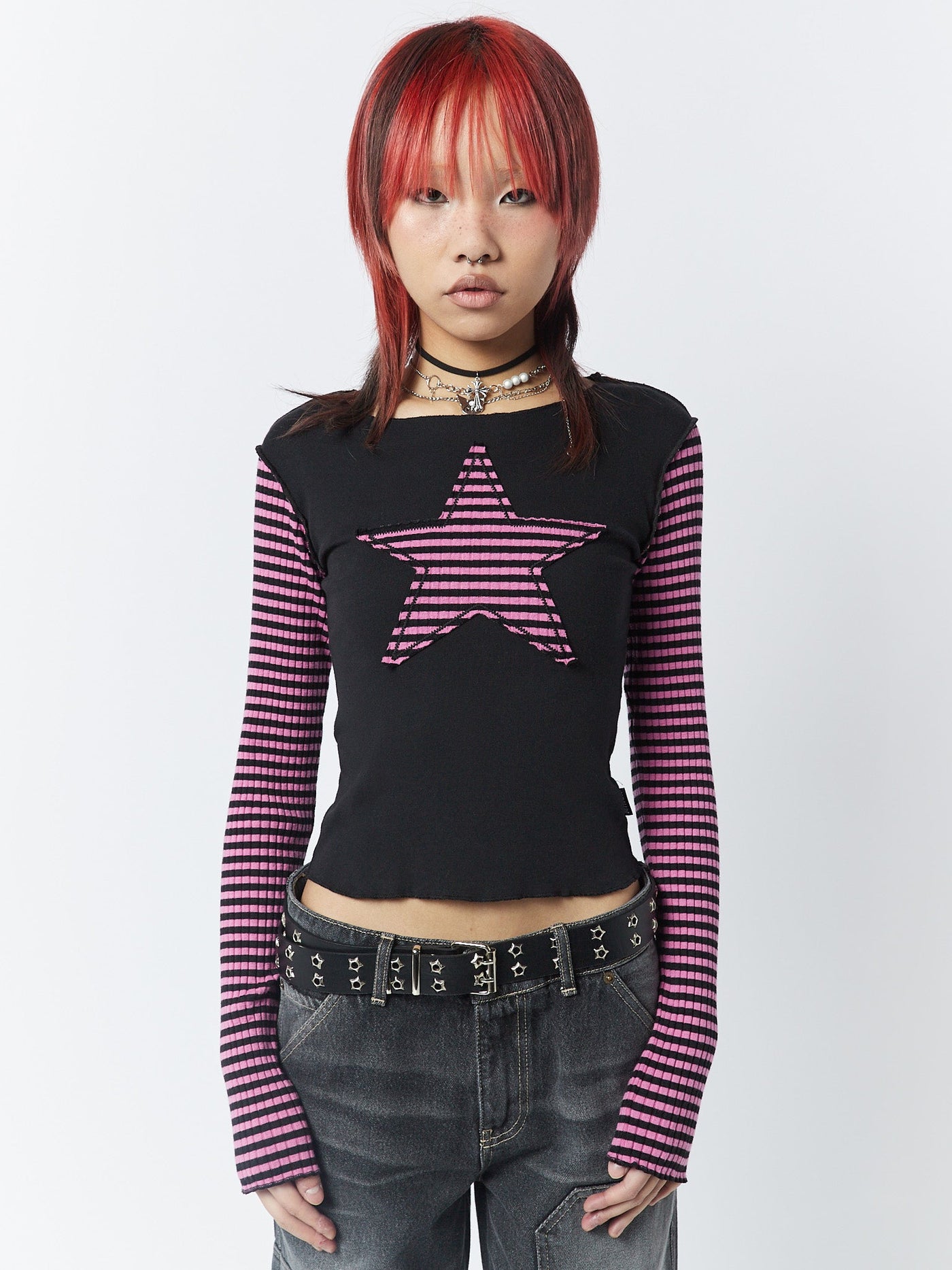 Lost Star Pink Black Striped Long Sleeve Top