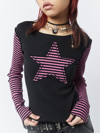 Lost Star Pink Black Striped Long Sleeve Top - Minga  US