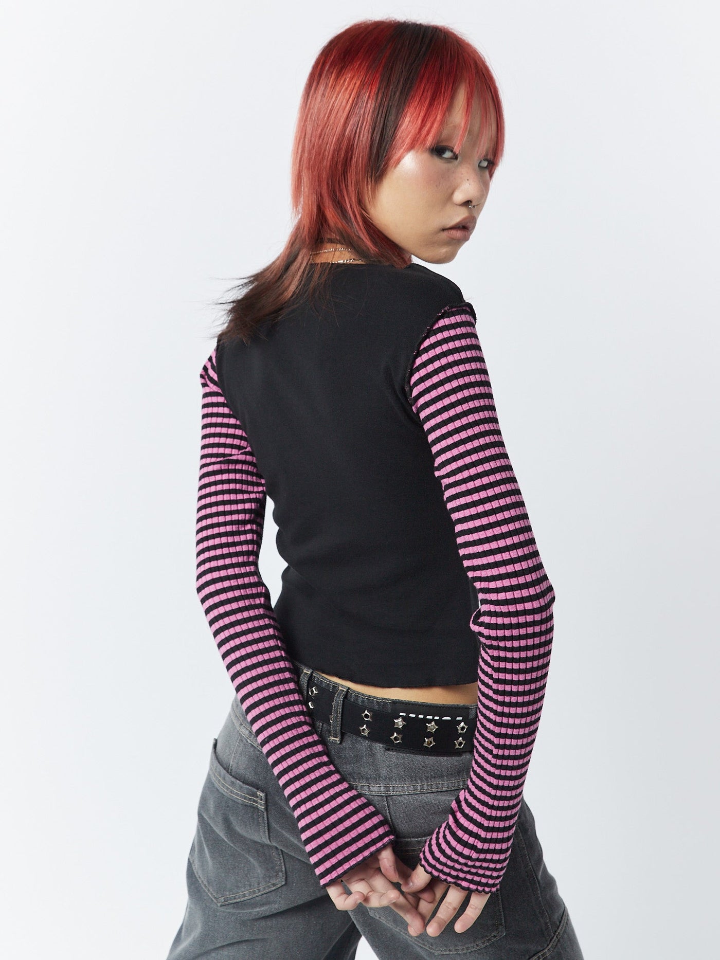 Lost Star Pink Black Striped Long Sleeve Top