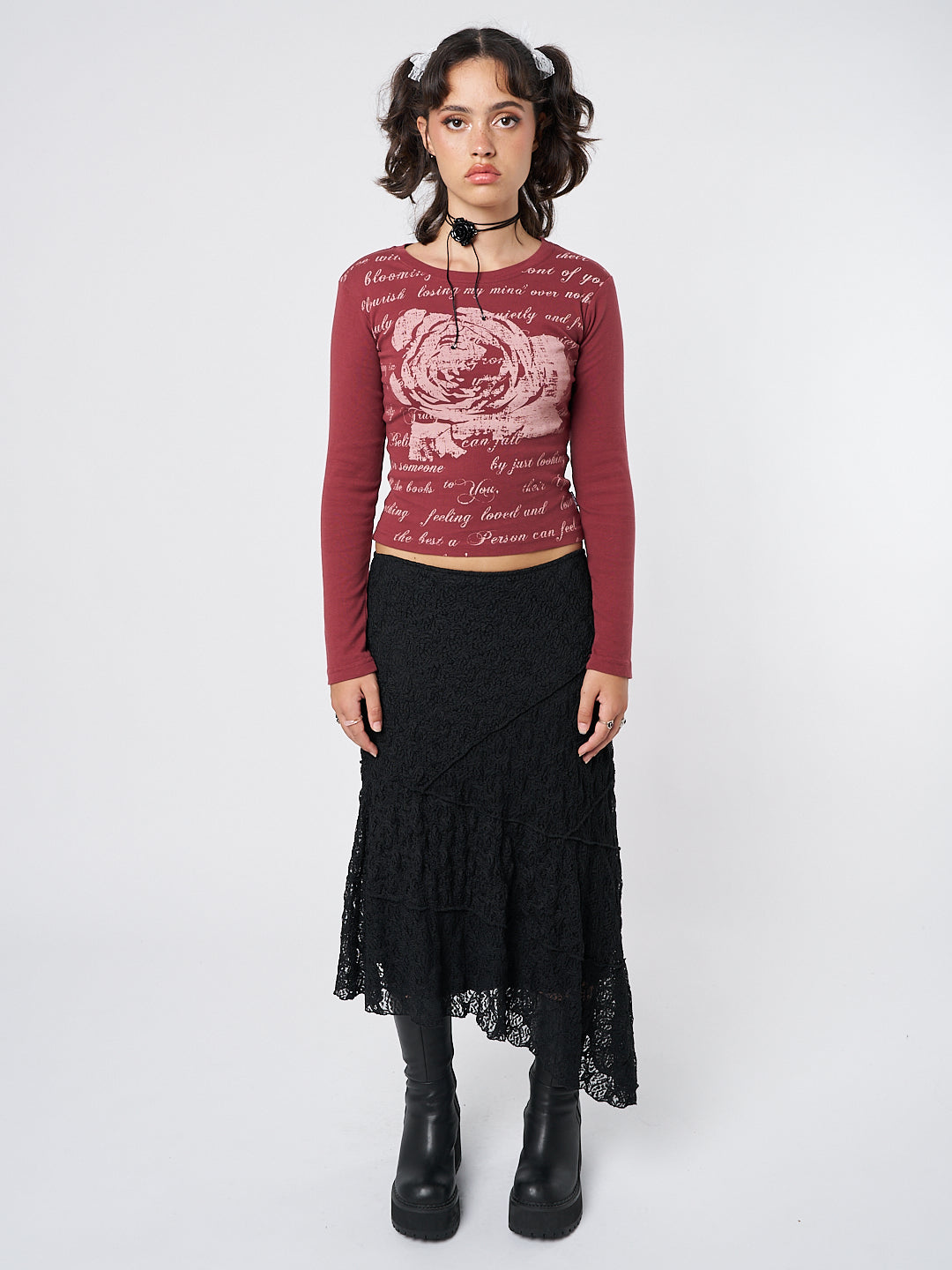 Nolia Black Lace Asymmetric Midi Skirt - Minga  US